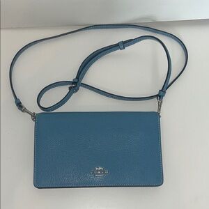 Coach blue leather cross-body clutch wallet pebbled leather